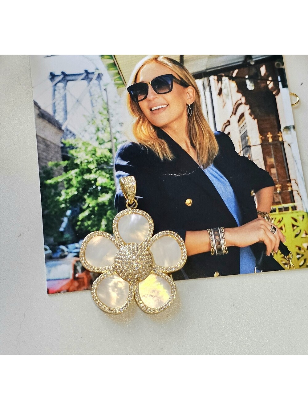 Freida Rothman Flower Mother Of Pearl Gold-plated CZ Pendant Charm